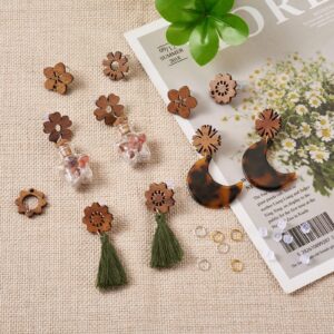 Pandahall 32Pcs Wood Stud Earring Findings Flower Earring Posts for Jewelry Making with 50pcs Earring Backs & 100Pcs Jump Rings