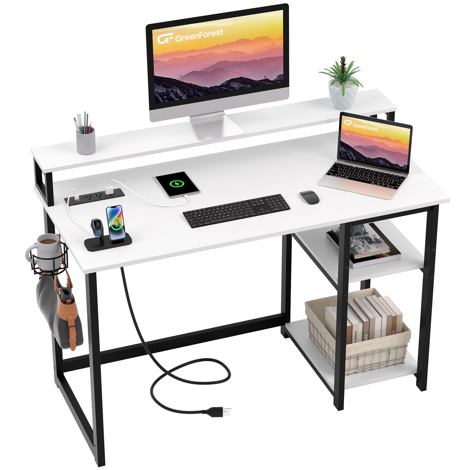 GreenForest Computer Desk with USB Charging Port and Power Outlet, Reversible Small Desk with Monitor Stand and Storage Shelves for Home Office, 40 in Work Desk with Cup Holder Hook, White