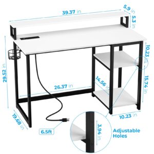 GreenForest Computer Desk with USB Charging Port and Power Outlet, Reversible Small Desk with Monitor Stand and Storage Shelves for Home Office, 40 in Work Desk with Cup Holder Hook, White