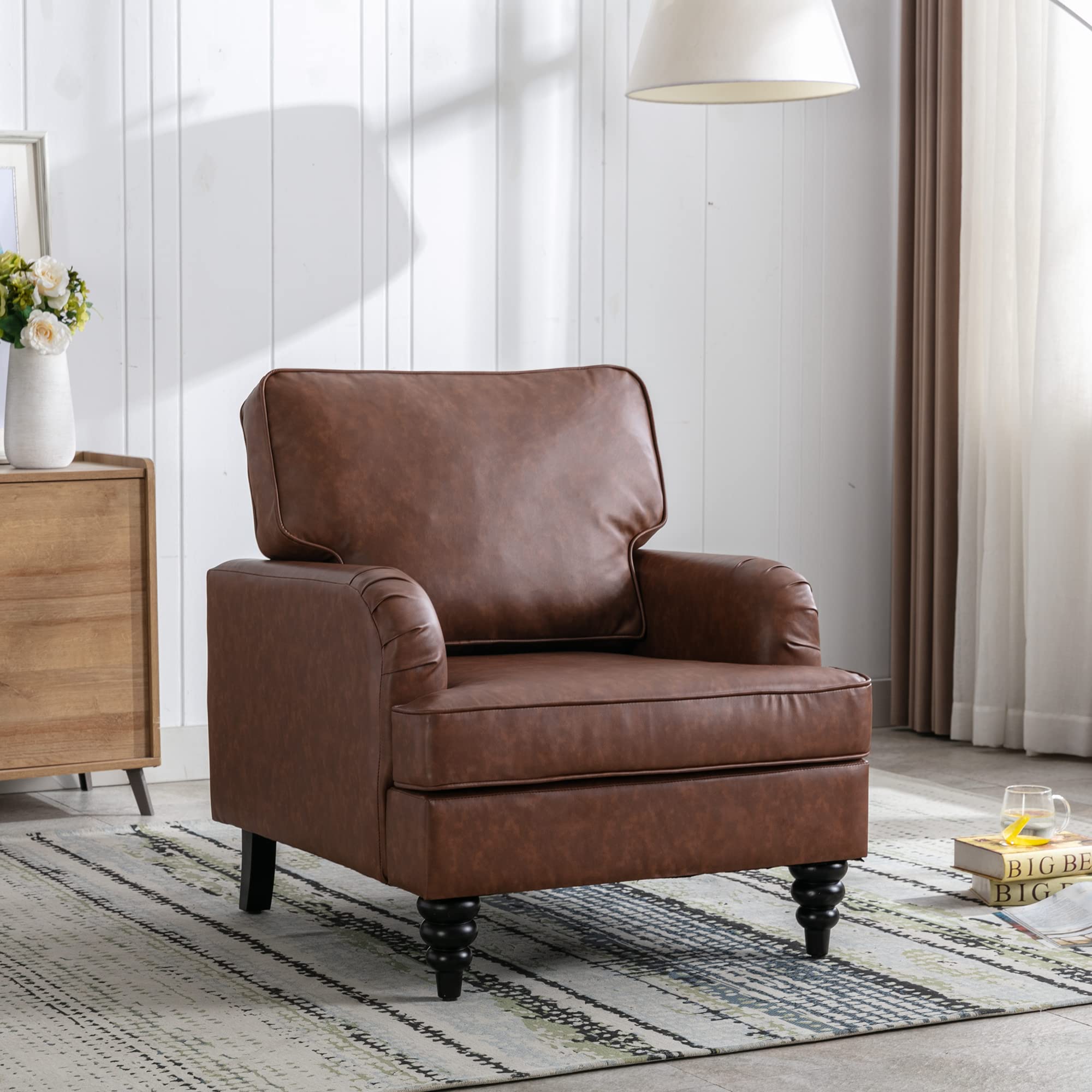 chairus Mid-Century Modern Accent Chair Living Room Chair Faux Leather Arm chair Comfy Upholstered Single Sofa Chair for Lounge/Bedroom/Office, Brown