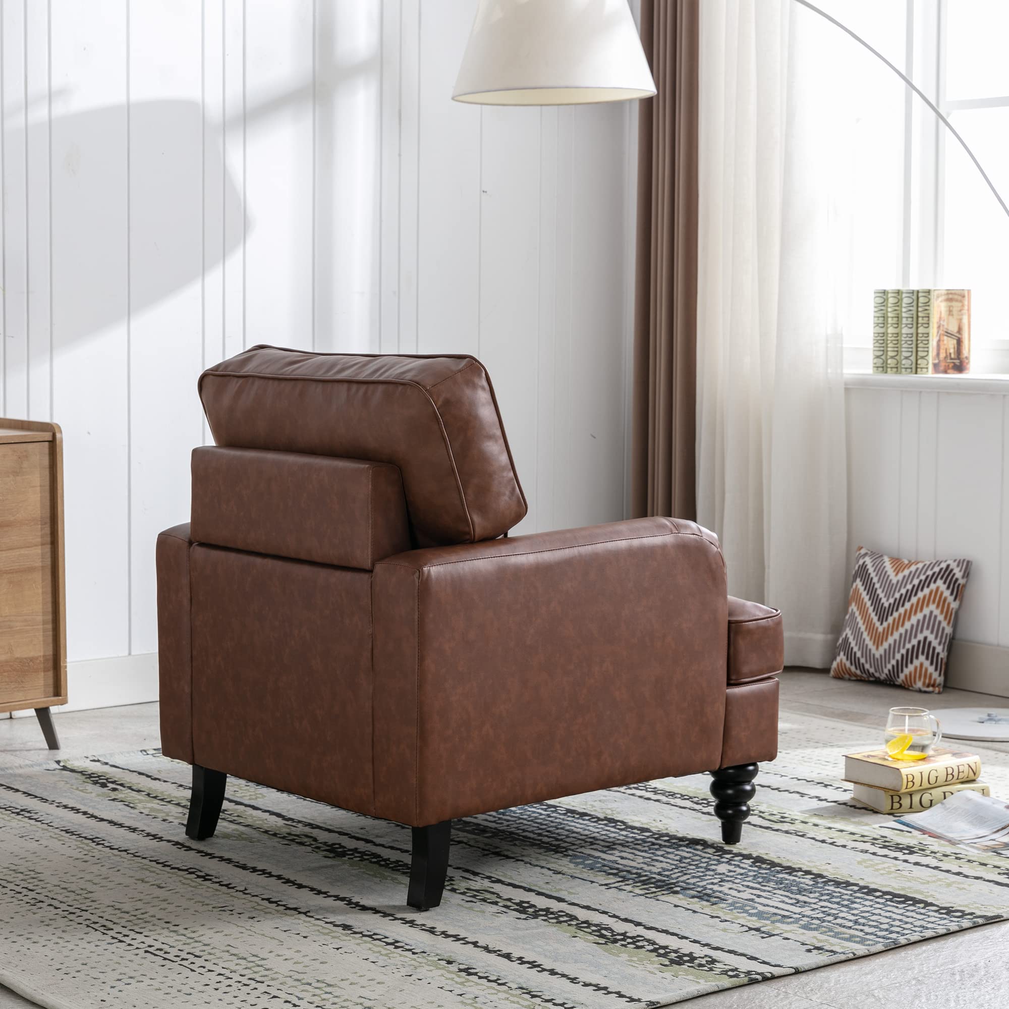 chairus Mid-Century Modern Accent Chair Living Room Chair Faux Leather Arm chair Comfy Upholstered Single Sofa Chair for Lounge/Bedroom/Office, Brown