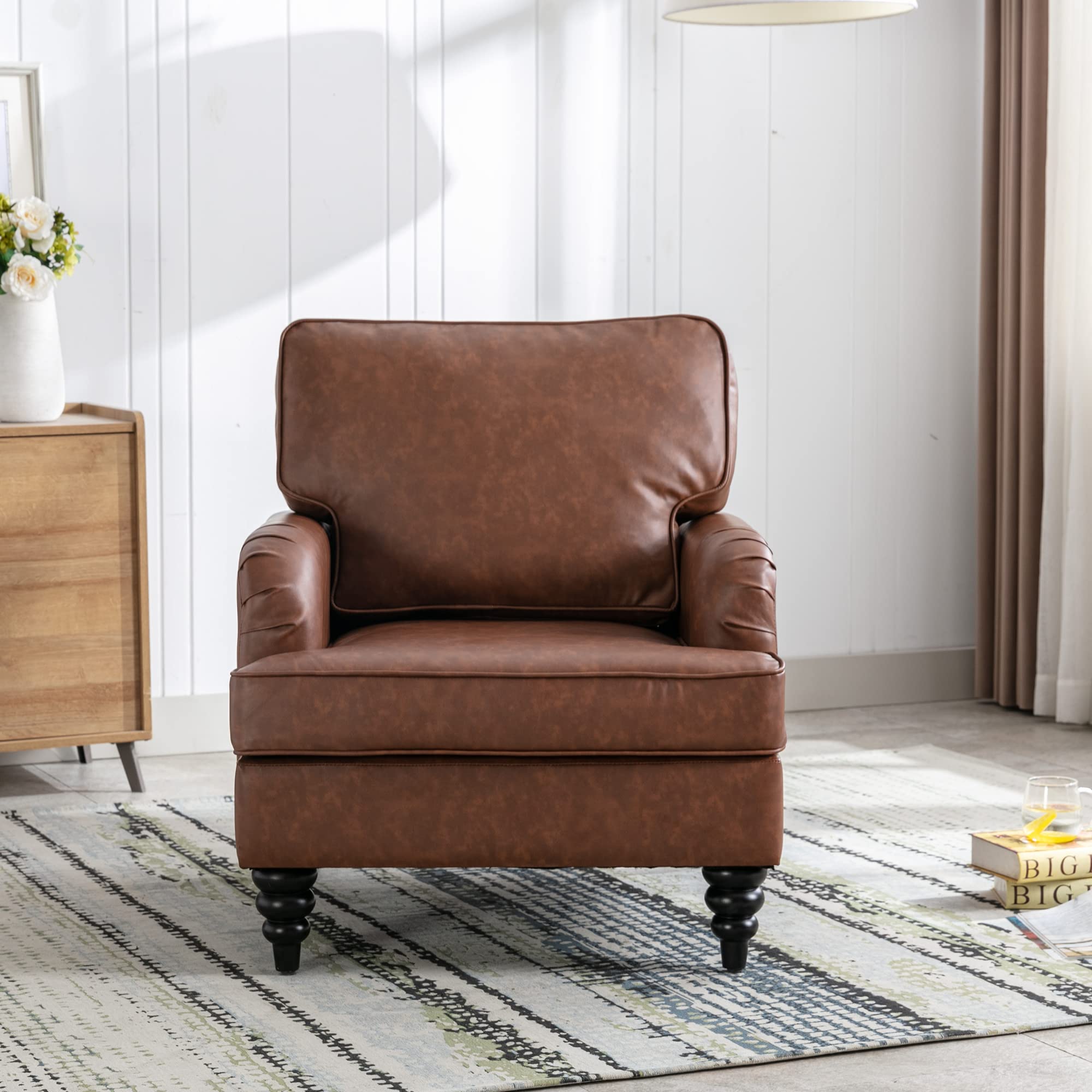 chairus Mid-Century Modern Accent Chair Living Room Chair Faux Leather Arm chair Comfy Upholstered Single Sofa Chair for Lounge/Bedroom/Office, Brown