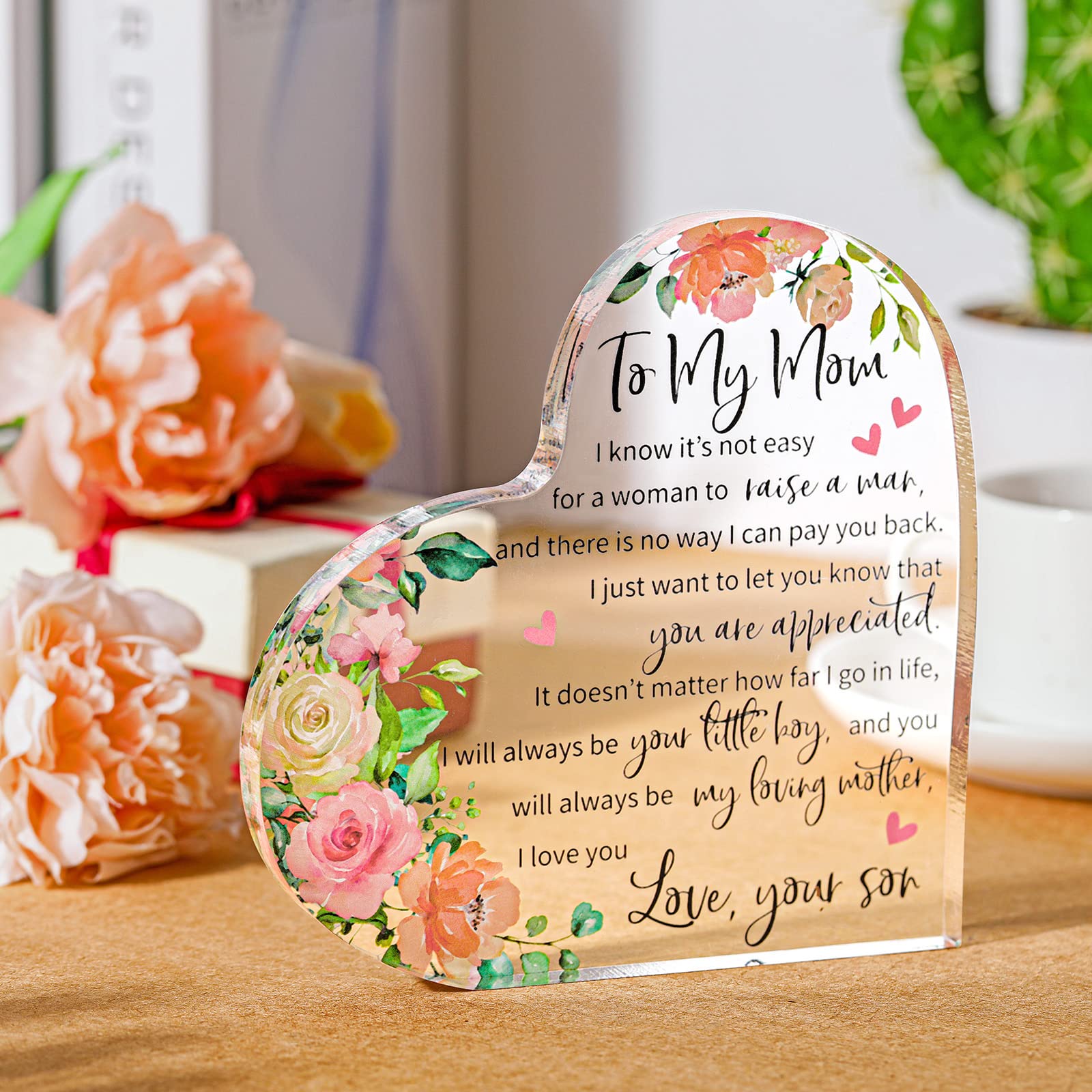 Jetec Mothers Day Gifts for Mom Acrylic Mom Gift Birthday Gift Sign Plaque Presents from Daughter Son Grateful Christmas Valentines Birthday Gifts,5.91 x 5.91 x 0.55 Inches(Heart)