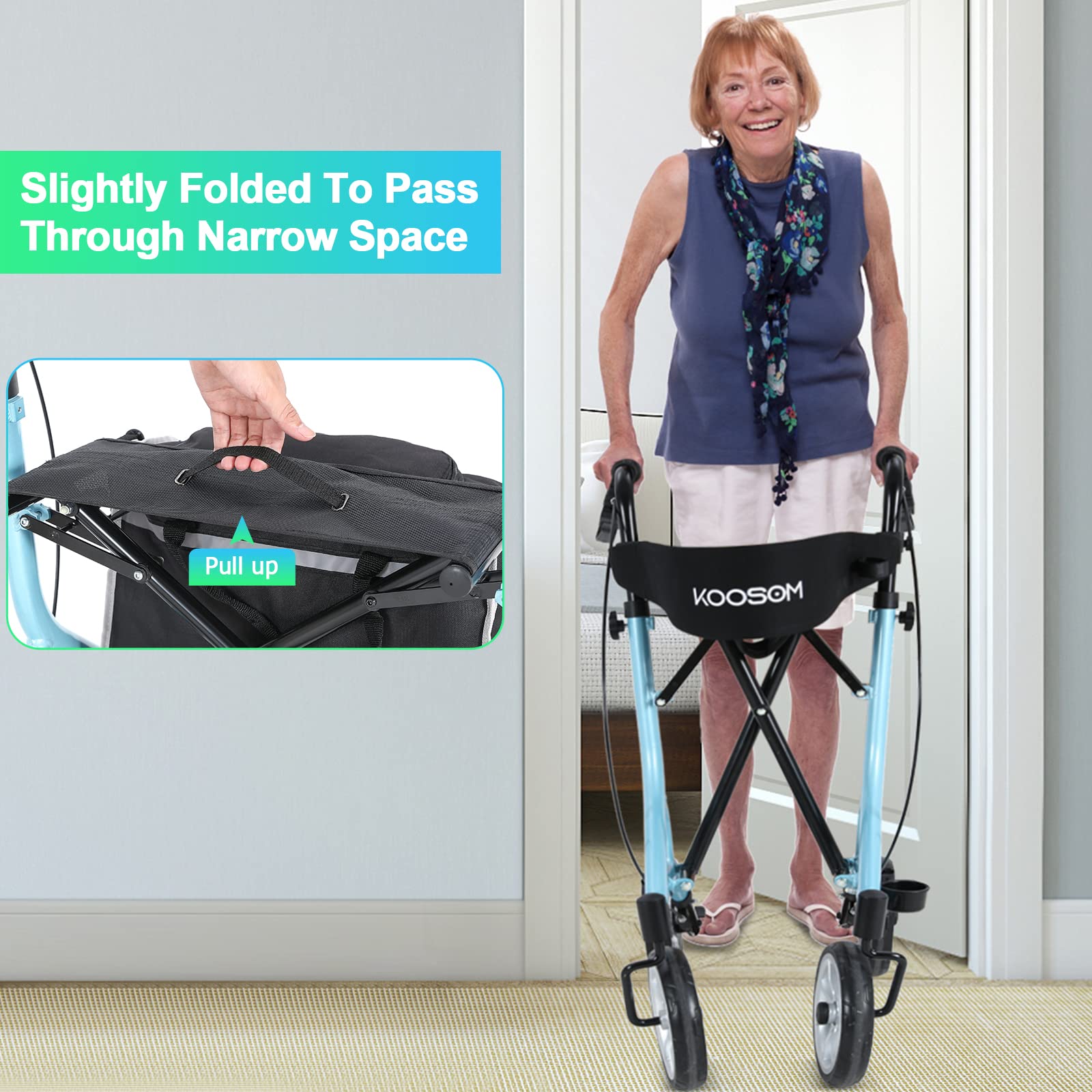 Rollator Walker for Seniors with Seat Fold Up Lightweight Mobility Walking Aid for Adult Weight to 300lb and with A Rolling Walker Accessories Bag