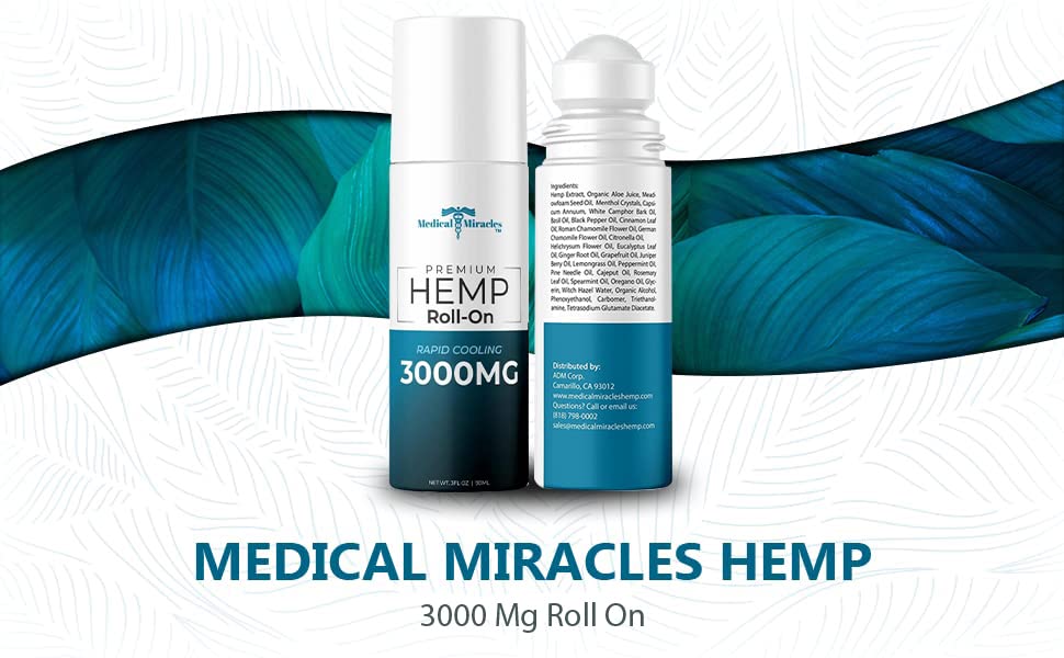 Medical Miracles New Hemp Oil Roll On - Ideal Relief for Muscles, Hips, Joints, Neck, Back, Elbows, Fingers, Hands, and Knees Made in USA (3000mg Roll-On)