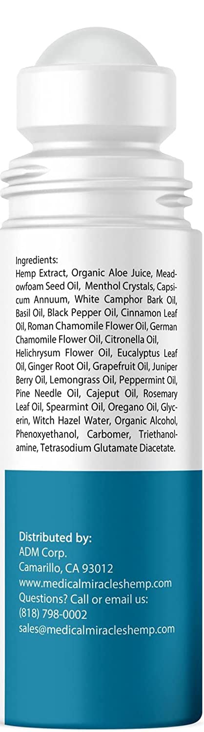 Medical Miracles New Hemp Oil Roll On - Ideal Relief for Muscles, Hips, Joints, Neck, Back, Elbows, Fingers, Hands, and Knees Made in USA (3000mg Roll-On)