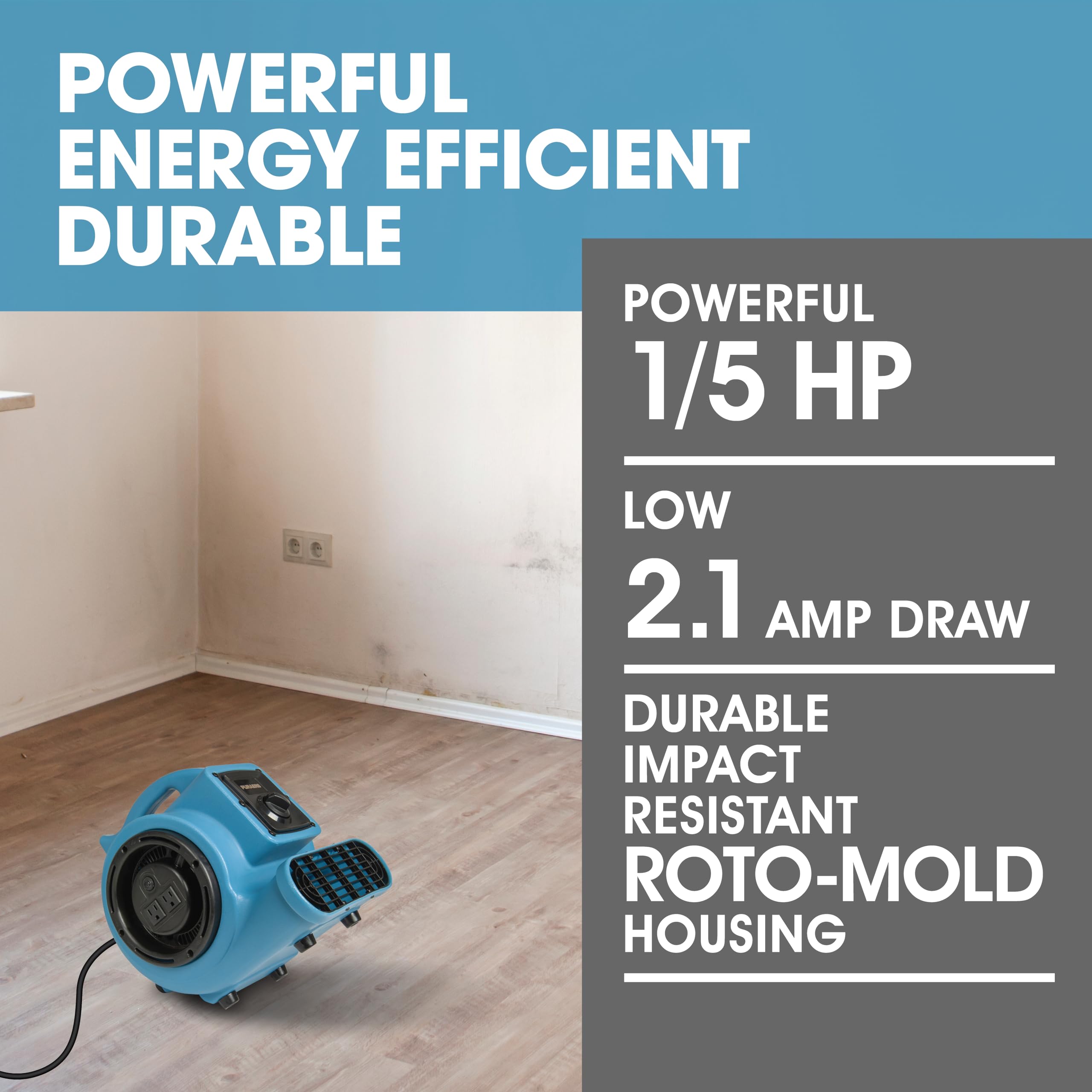 PURAERO Mini Air Mover | Carpet Dryer and Blower Fan | High-Velocity Floor Fan for Crawlspaces, Attics, Basements, Bathrooms | 1/5 HP 800 CFM | Water Damage Restoration, Grow Rooms | PA-200-AM | Blue