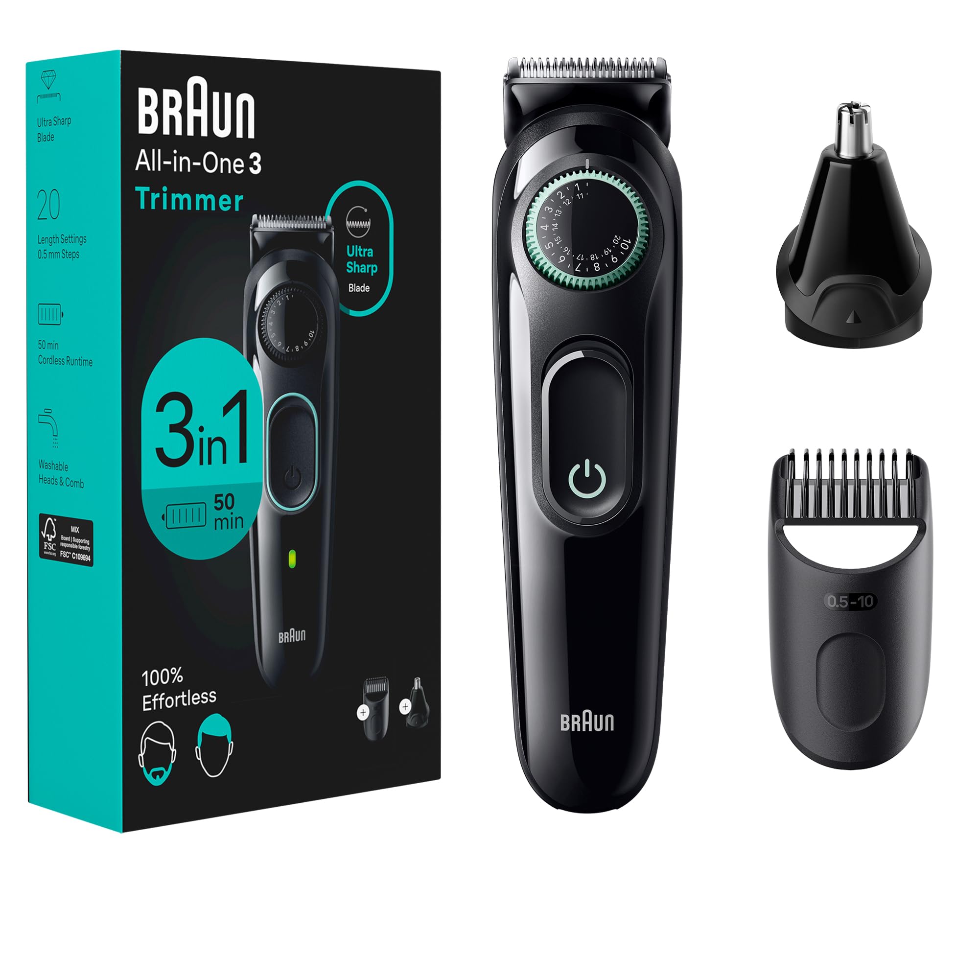 Braun All-in-One Style Kit Series 3 3430, 3-in-1 Trimmer for Men with Beard Trimmer, Ear & Nose Trimmer, Hair Clippers, Ultra-Sharp Blade, 20 Length Settings, Washable, Black