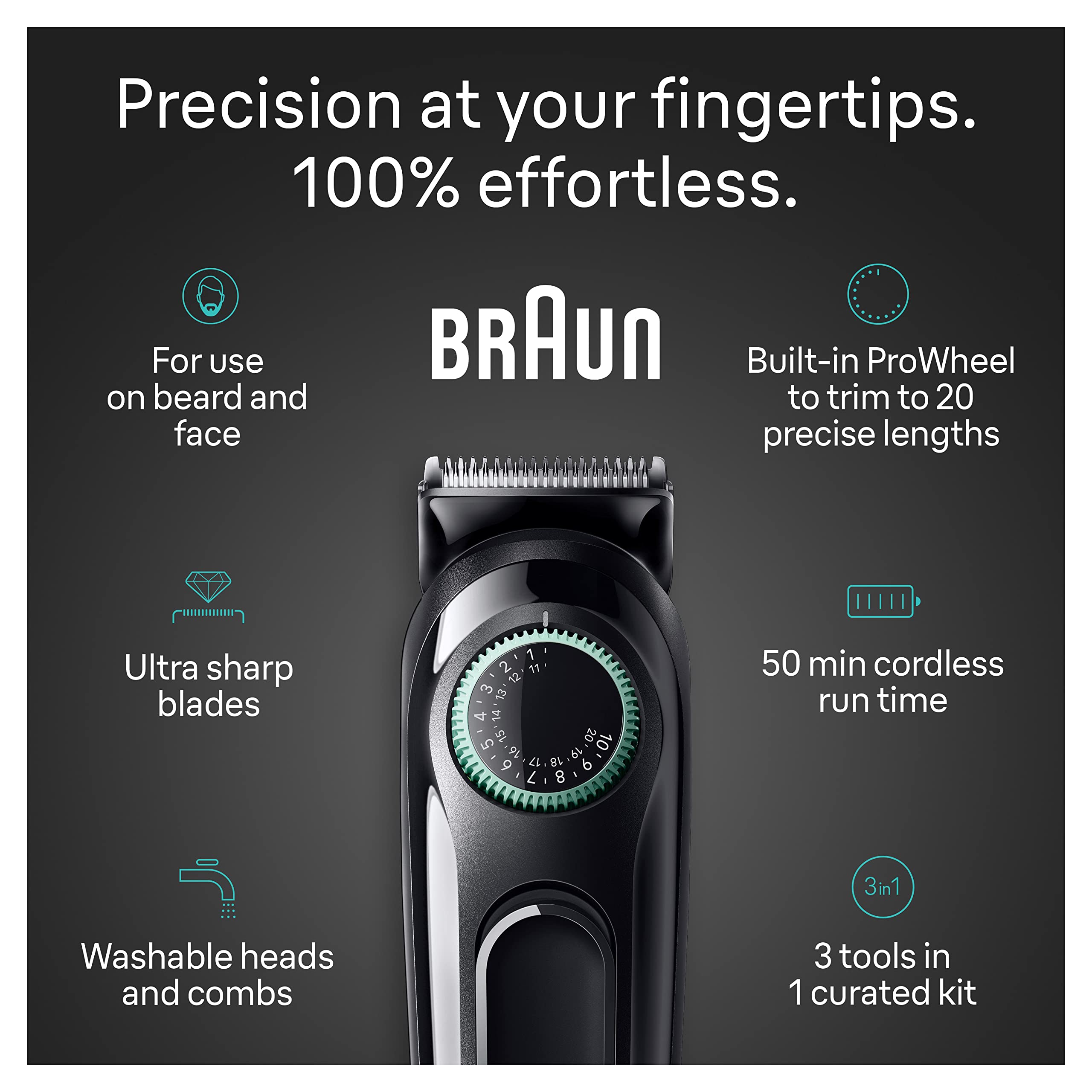 Braun All-in-One Style Kit Series 3 3430, 3-in-1 Trimmer for Men with Beard Trimmer, Ear & Nose Trimmer, Hair Clippers, Ultra-Sharp Blade, 20 Length Settings, Washable, Black