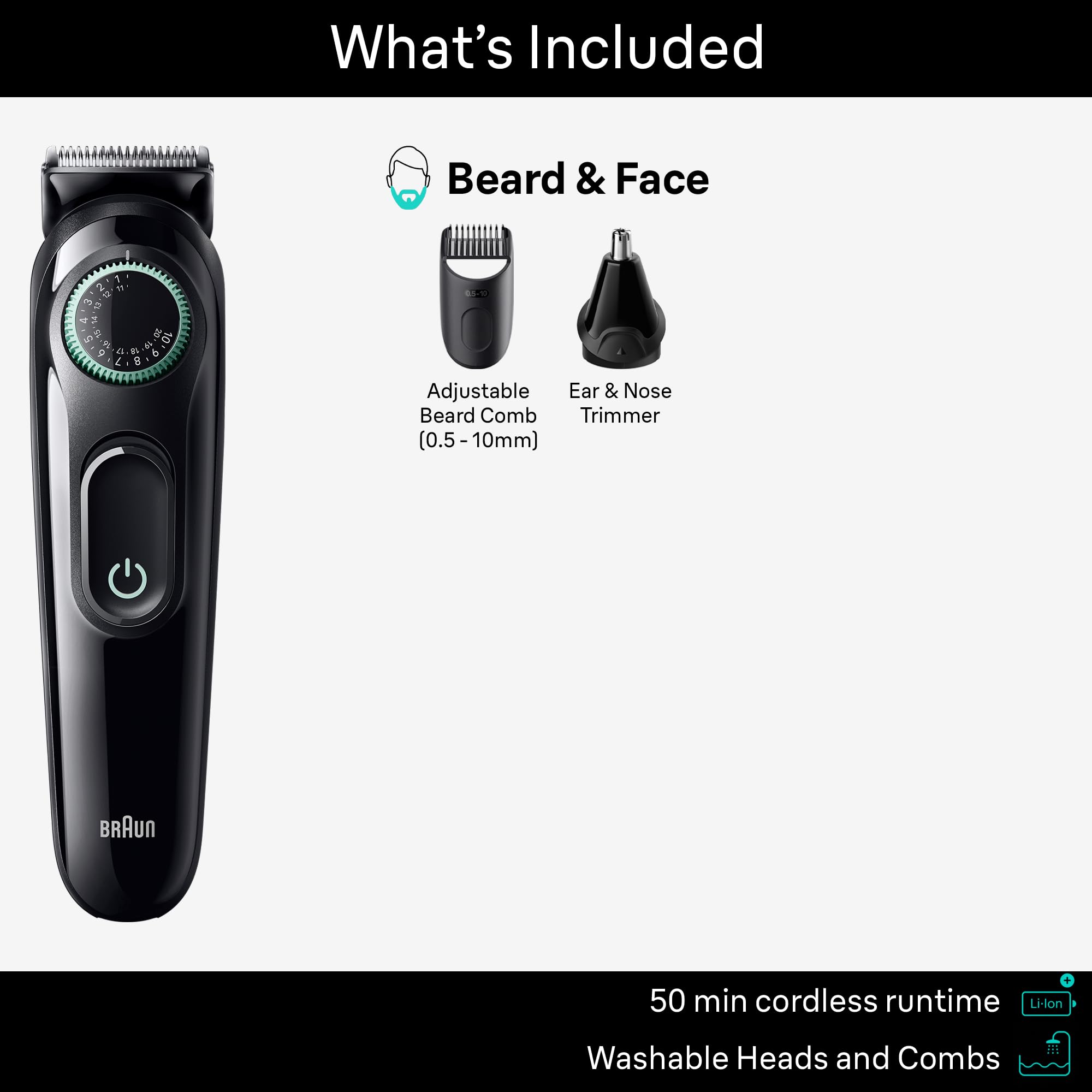 Braun All-in-One Style Kit Series 3 3430, 3-in-1 Trimmer for Men with Beard Trimmer, Ear & Nose Trimmer, Hair Clippers, Ultra-Sharp Blade, 20 Length Settings, Washable, Black