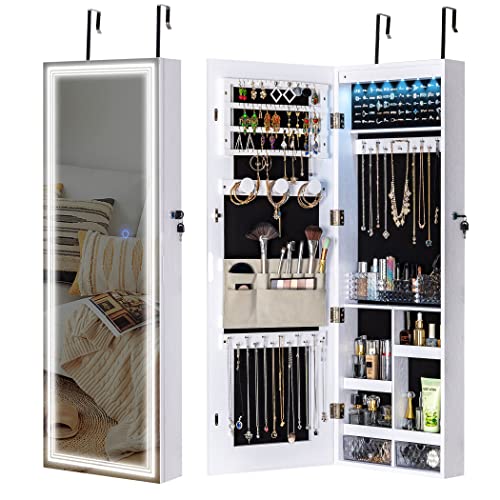 Tektalk Jewelry Cabinet with 3 Groove Mirror Lamps, Full Length Mirror, Wall/Door Mounted Jewelry Armoire Organizer with 3 Color Outside LED Lights & Interior 6 LEDs Light - White