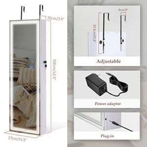 Tektalk Jewelry Cabinet with 3 Groove Mirror Lamps, Full Length Mirror, Wall/Door Mounted Jewelry Armoire Organizer with 3 Color Outside LED Lights & Interior 6 LEDs Light - White