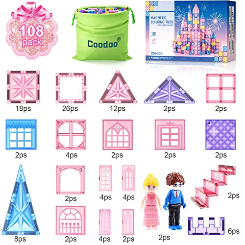 108pcs Diamond Magnetic Tiles with Dolls Princess Castle Building Toys, STEM Kids Toys Magnetic Blocks Doll House Toddler Toys, Christmas Birthday Gifts Ideas for 3+ Year Old Girls & Boys