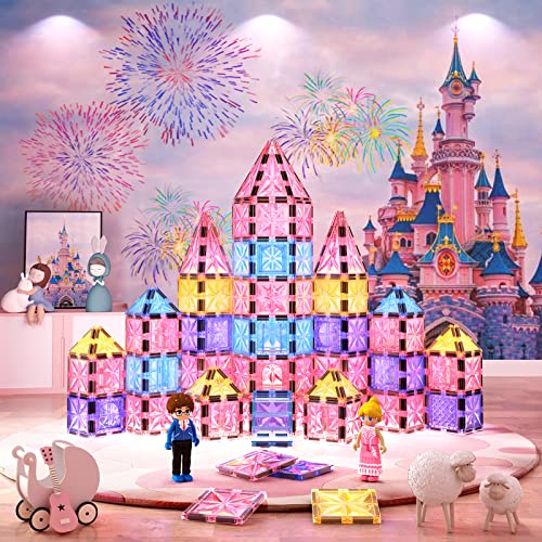 108pcs Diamond Magnetic Tiles with Dolls Princess Castle Building Toys, STEM Kids Toys Magnetic Blocks Doll House Toddler Toys, Christmas Birthday Gifts Ideas for 3+ Year Old Girls & Boys