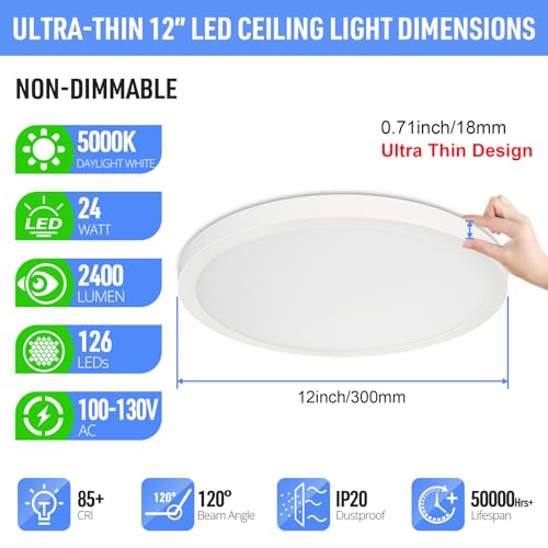 SunRider LED Flush Mount Ceiling Light Fixture, 5000K Daylight White, 2400LM, 12 Inch 24W White Round Flat Ceiling Lights, 240W Equiv. Non-Dimmable