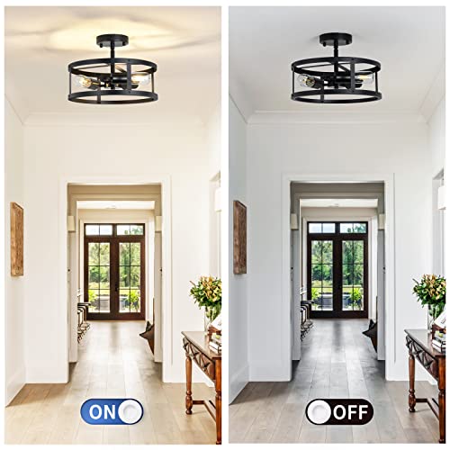 XPEHK 3-Light Semi Flush Mount Ceiling Light,Farmhouse Flush Mount Light Fixture,Industrial Ceiling Light Black Metal Cage Ceiling Lighting for Kitchen Foyer Hallway Entryway 2 Pack