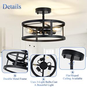 XPEHK 3-Light Semi Flush Mount Ceiling Light,Farmhouse Flush Mount Light Fixture,Industrial Ceiling Light Black Metal Cage Ceiling Lighting for Kitchen Foyer Hallway Entryway 2 Pack