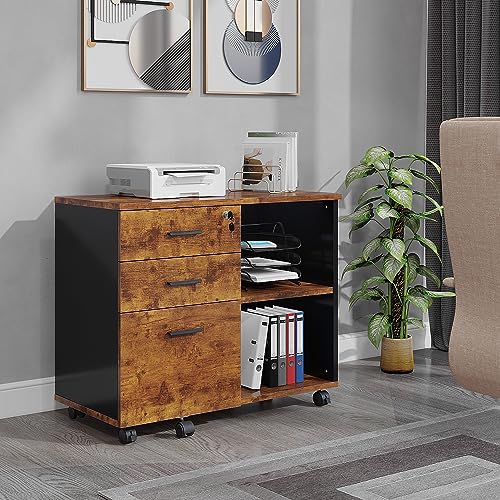 Wood File Cabinet, 3 Drawer Mobile Lateral Filing Cabinet On Wheels, Printer Stand with Open Storage Shelves for Home Office (Wood)