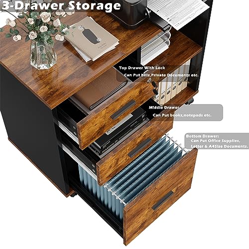 Wood File Cabinet, 3 Drawer Mobile Lateral Filing Cabinet On Wheels, Printer Stand with Open Storage Shelves for Home Office (Wood)