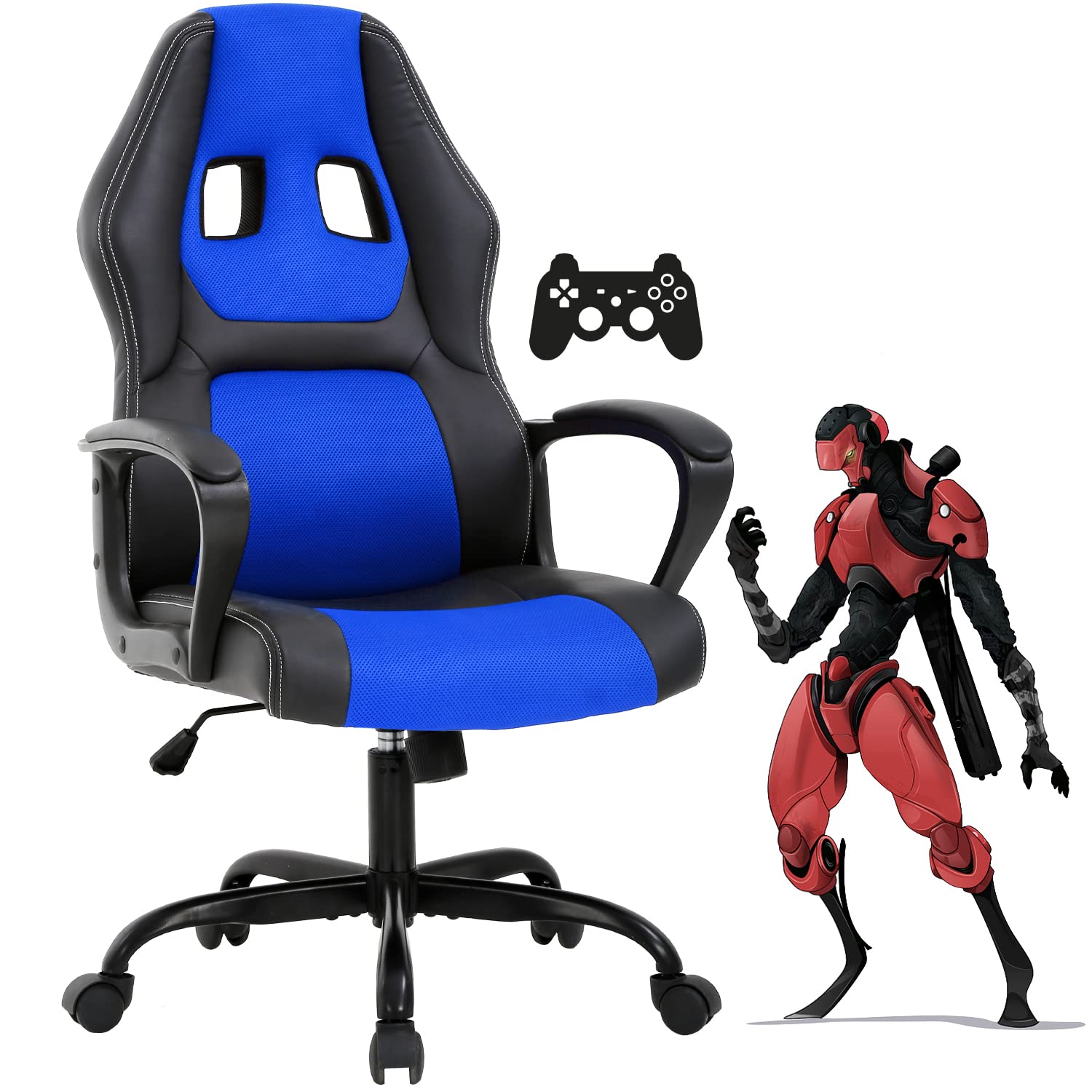 Gaming Chair PC Computer Chair Office Chair for Adult Teen Kids, Ergonomic PU Leather Gamer Chair with Lumbar Support High Back Adjustable Rolling Swivel Desk Chair, Blue