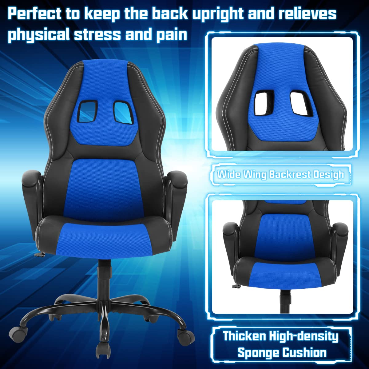 Gaming Chair PC Computer Chair Office Chair for Adult Teen Kids, Ergonomic PU Leather Gamer Chair with Lumbar Support High Back Adjustable Rolling Swivel Desk Chair, Blue