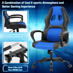 Gaming Chair PC Computer Chair Office Chair for Adult Teen Kids, Ergonomic PU Leather Gamer Chair with Lumbar Support High Back Adjustable Rolling Swivel Desk Chair, Blue