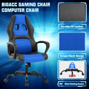 Gaming Chair PC Computer Chair Office Chair for Adult Teen Kids, Ergonomic PU Leather Gamer Chair with Lumbar Support High Back Adjustable Rolling Swivel Desk Chair, Blue