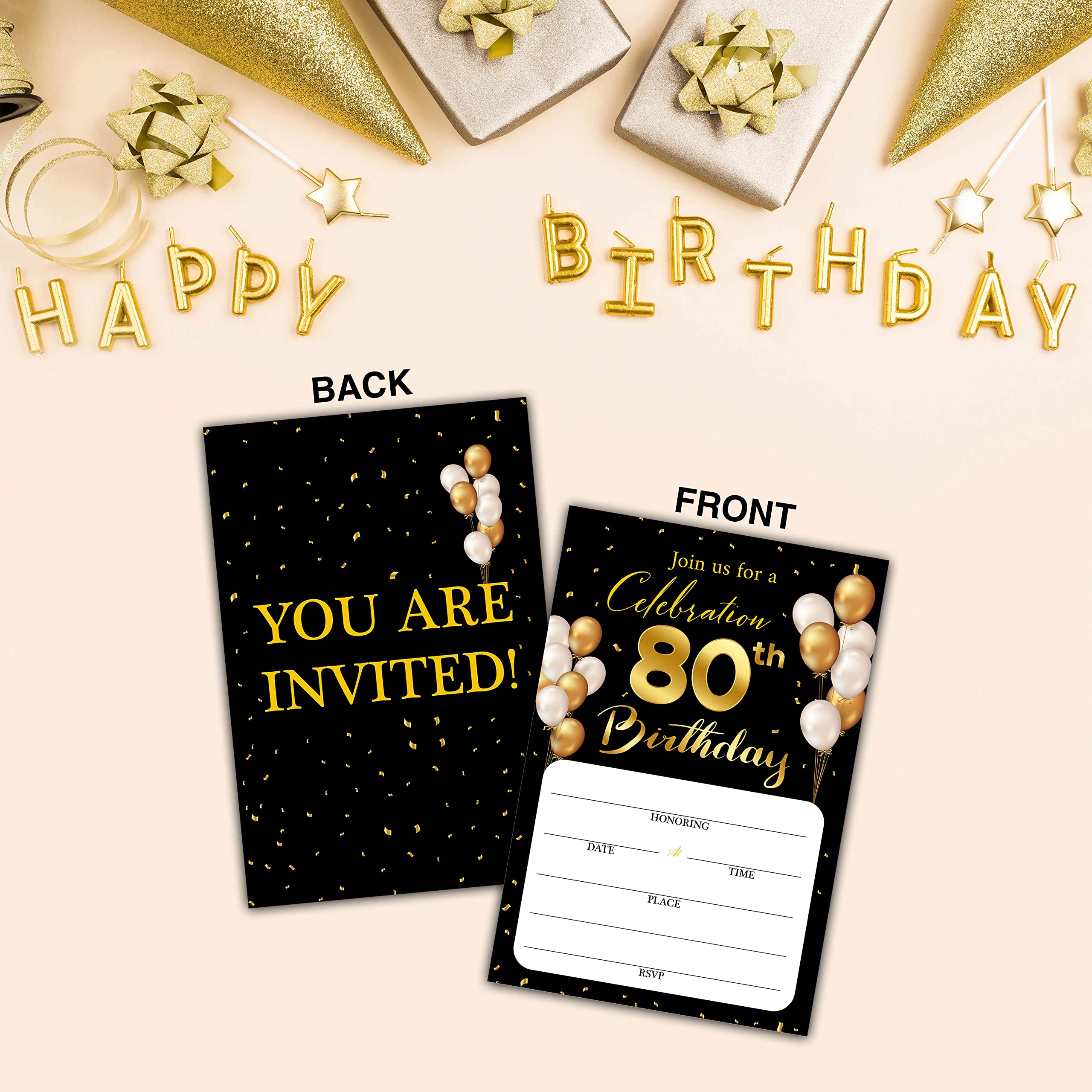 80th Birthday Invitation Cards with Envelopes - Classic Gold Theme Fill in The Blank Birthday Party Invite Cards, for Man, Woman Entertain Banquet Party Supplies, 20 Invites With Envelopes - B20