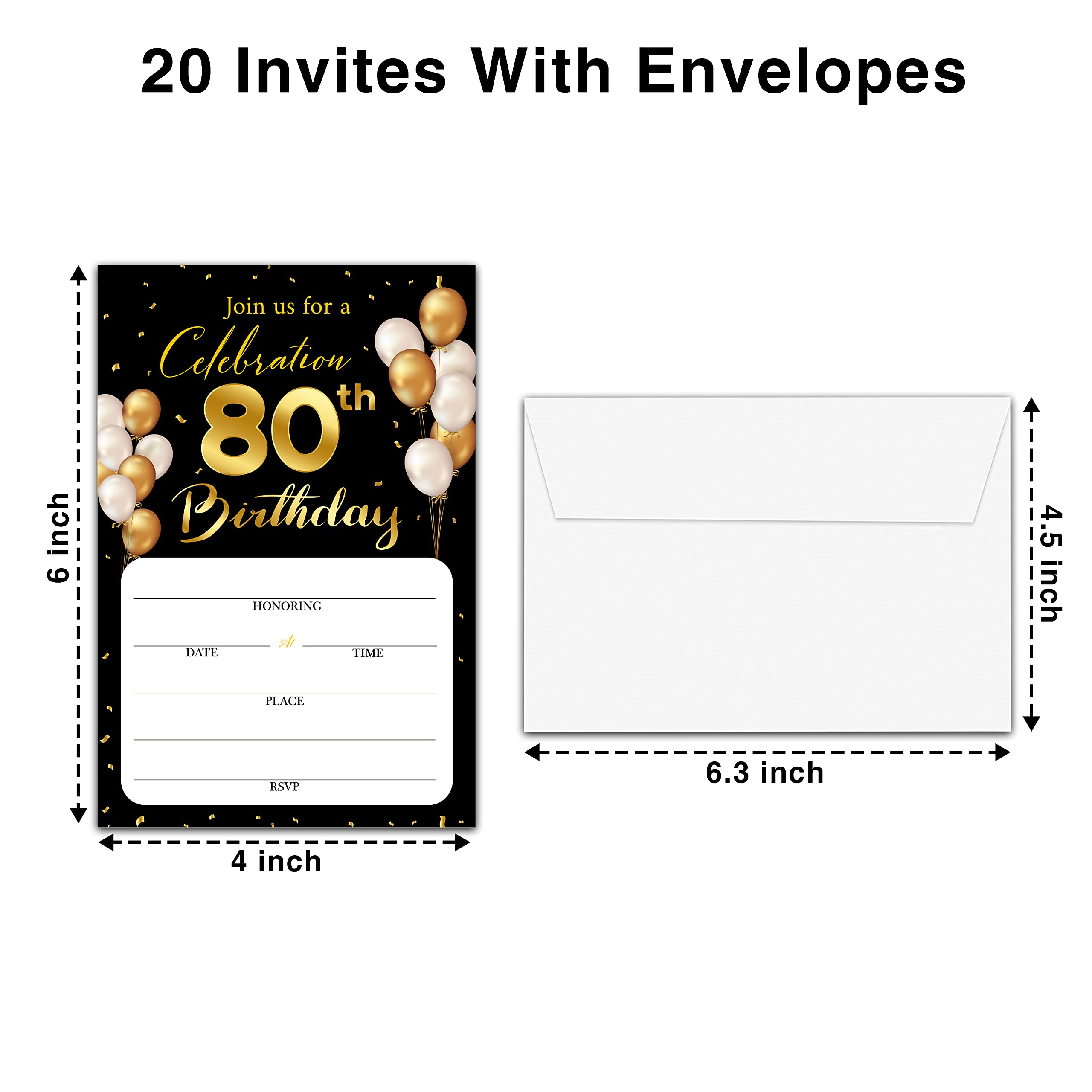 80th Birthday Invitation Cards with Envelopes - Classic Gold Theme Fill in The Blank Birthday Party Invite Cards, for Man, Woman Entertain Banquet Party Supplies, 20 Invites With Envelopes - B20