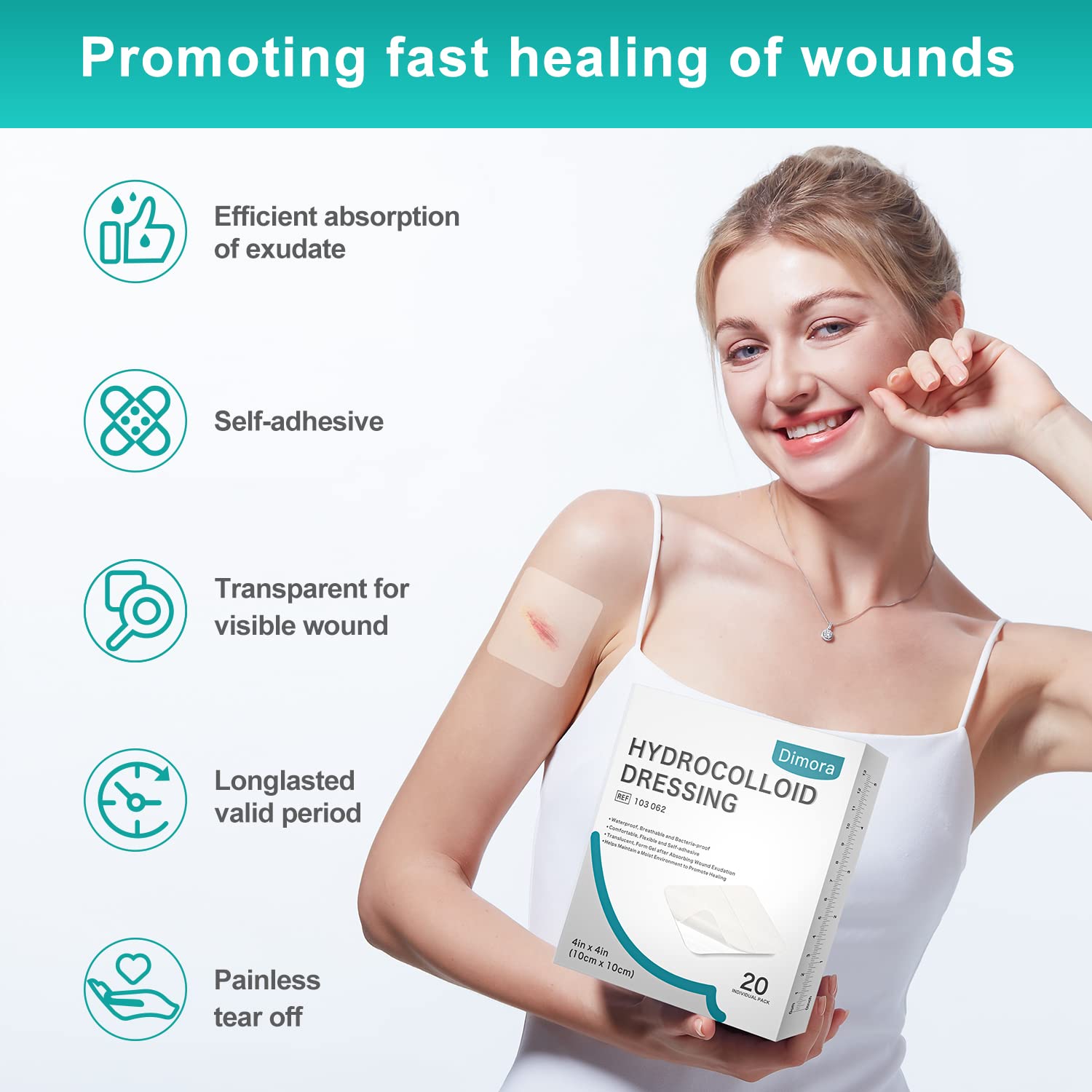 Dimora 20 Pack Hydrocolloid Wound Dressing, Ultra Thin 4" x 4" Large Patch Bandages with Self-Adhesive