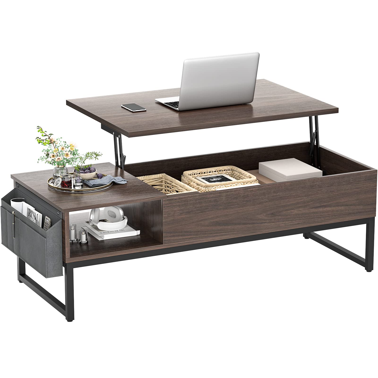 Aheaplus Lift Top Coffee Table with Storage, Wood Lifting Top Central Table Metal Frame, 43.3" Lift Tea Table with Side Pouch, Cocktail Table Modern Adjustable Table for Living Room, Espresso