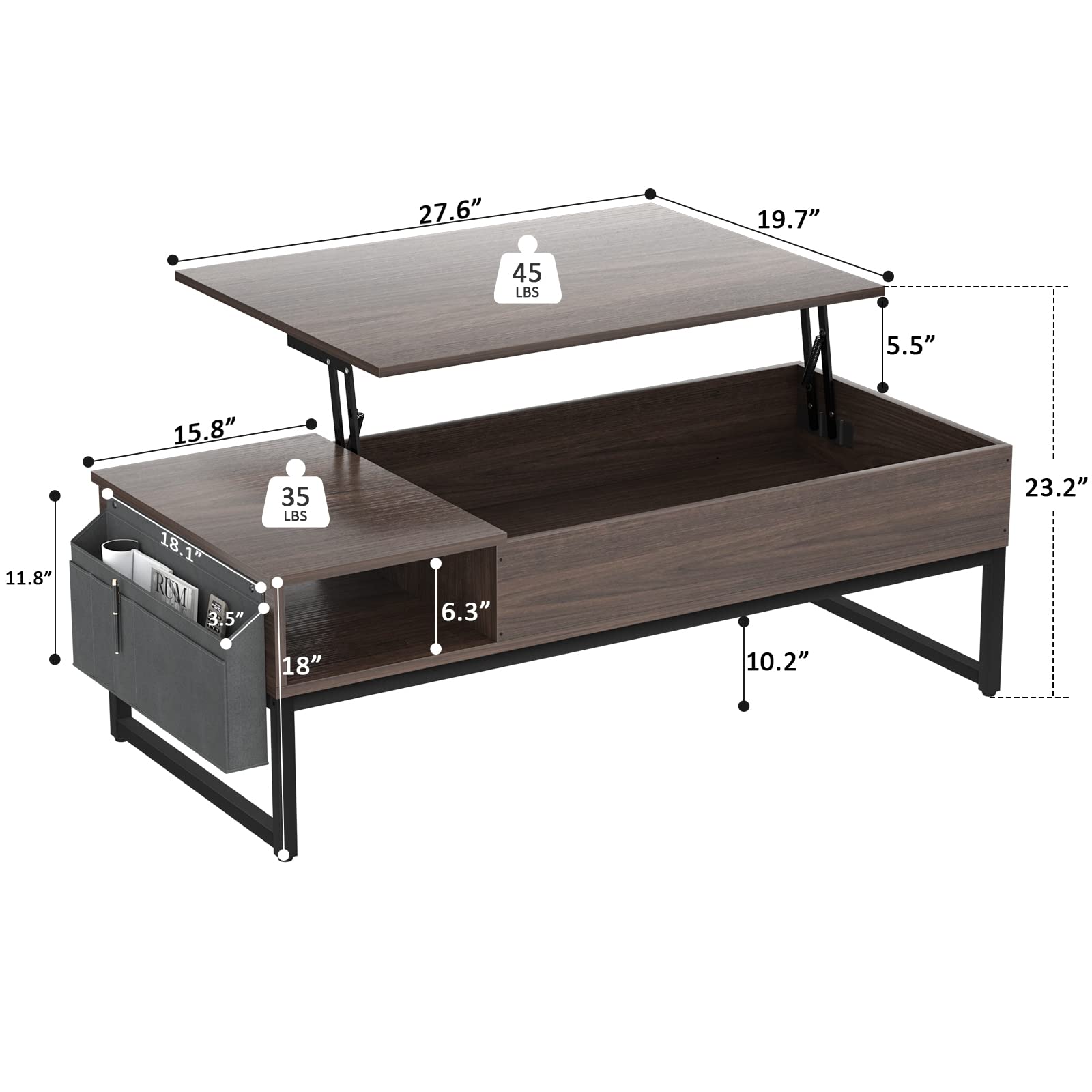 Aheaplus Lift Top Coffee Table with Storage, Wood Lifting Top Central Table Metal Frame, 43.3" Lift Tea Table with Side Pouch, Cocktail Table Modern Adjustable Table for Living Room, Espresso