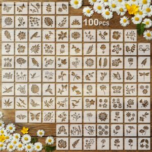 100 pcs stencils for painting on wood reusable stencil crafts drawing templates holiday stencils wall paper stencil set for diy art scrapbook home decor 2 x 2 inch (flower, plants)