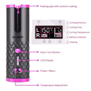 NGP Automatic Hair Curler, Cordless Auto Hair Curler with 6 Temps & Timers & LCD Display, Portable Wireless Hair Curler, Rechargeable, Self-Hair Curling Iron for Lasting Shiny Curls