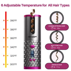 NGP Automatic Hair Curler, Cordless Auto Hair Curler with 6 Temps & Timers & LCD Display, Portable Wireless Hair Curler, Rechargeable, Self-Hair Curling Iron for Lasting Shiny Curls