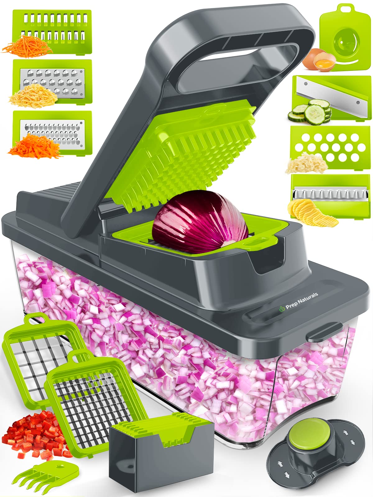 PrepNaturals 12 in 1 Vegetable Chopper with Container, Veggie Chopper, Vegetable Cutter, Food Chopper & Onion Chopper - Onion Chopper Dicers, Choppers, Mandoline Slicer for Kitchen (Green)