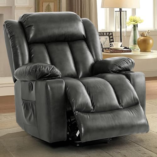 COOSLEEP Large Power Lift Recliner Chair with Massage and Heat for Elderly, Overstuffed Wide Recliners, Breathable Leather with Breathable microporous, USB Ports, 2 Cup Holders (Gray)