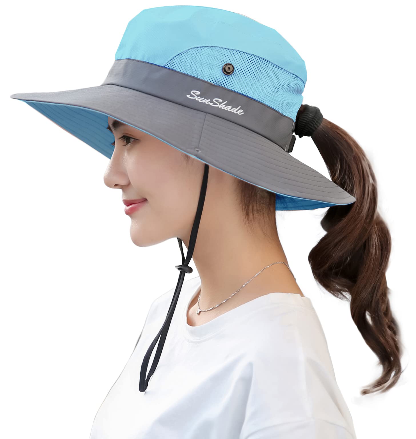 ZOORON Women's Ponytail Safari Sun Hat Mesh Wide Brim UV Protection Outdoor Bucket Hat Foldable Beach Summer Fishing Hat, blue