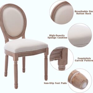 Nrizc French Dining Chairs Set of 6, French Country, Vintage Farmhouse Dining Chairs with Round Back, Solid Wood Beige Fabric Dining Room Chairs, for Kitchen, Bedroom