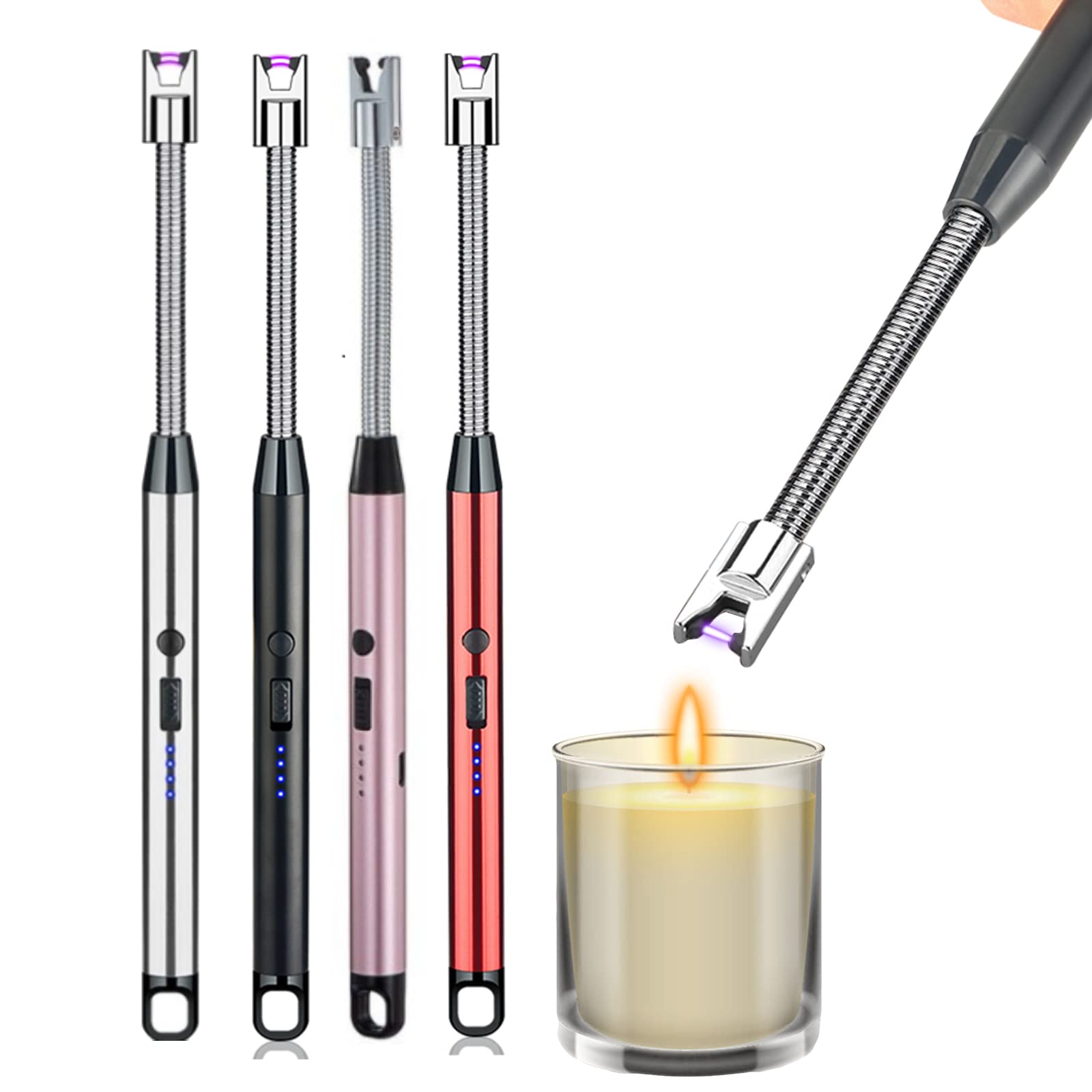 4 Pack Candle Lighter,Arc Lighter with USB Charging,Flameless Windproof,LED Battery Display,Safety Switch,Rotate 360 Degrees,for Aromatherapy,Candles,BBQ,Camping.(Red&Black&Pink&Silver)