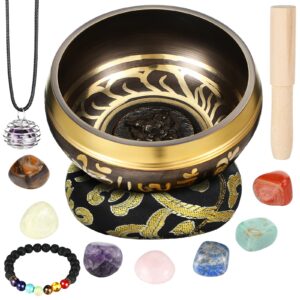 BBTO Tibetan Singing Bowls Set for Healing 3.4'' Meditation Sound Bath Bowl 7 pcs Chakra Crystal Stones Mallet Cushion Chakra Bracelet Pendant(Black)