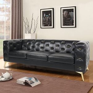 QHITTY Chesterfield Sofa, 84'' Modern 3 Seater Accent Leather Couch with Square Arms and Metal Tufted Button, Metal Legs for Living Room, Office, Bedroom (Black)