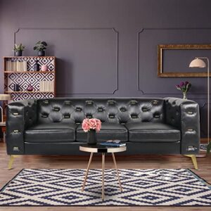 qhitty chesterfield sofa, 84'' modern 3 seater accent leather couch with square arms and metal tufted button, metal legs for living room, office, bedroom (black)