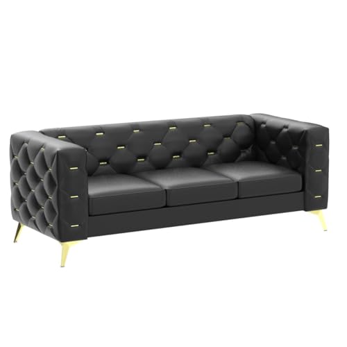 QHITTY Chesterfield Sofa, 84'' Modern 3 Seater Accent Leather Couch with Square Arms and Metal Tufted Button, Metal Legs for Living Room, Office, Bedroom (Black)