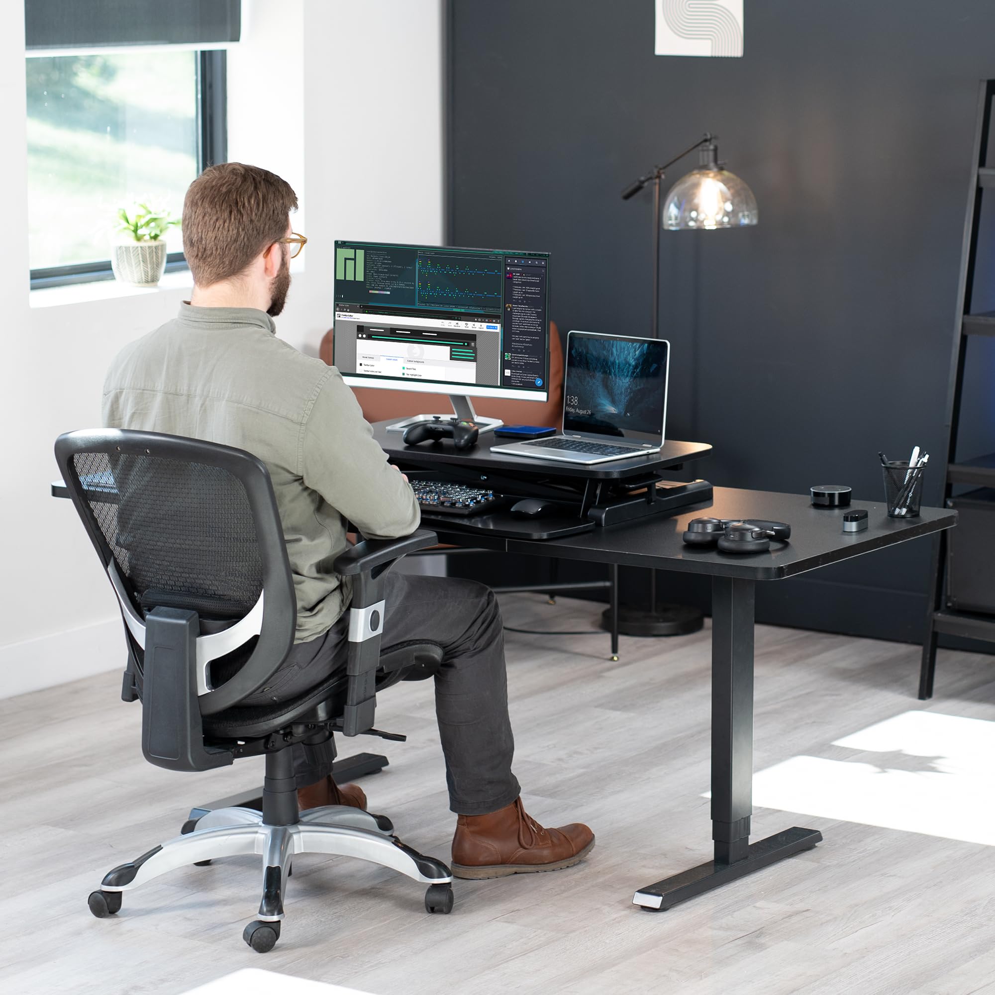 VIVO 32 inch Carbon Fiber Desk Converter, K Series, Height Adjustable Sit to Stand Riser, Dual Monitor and Laptop Workstation with Wide Keyboard Tray, Black, DESK-V000KR