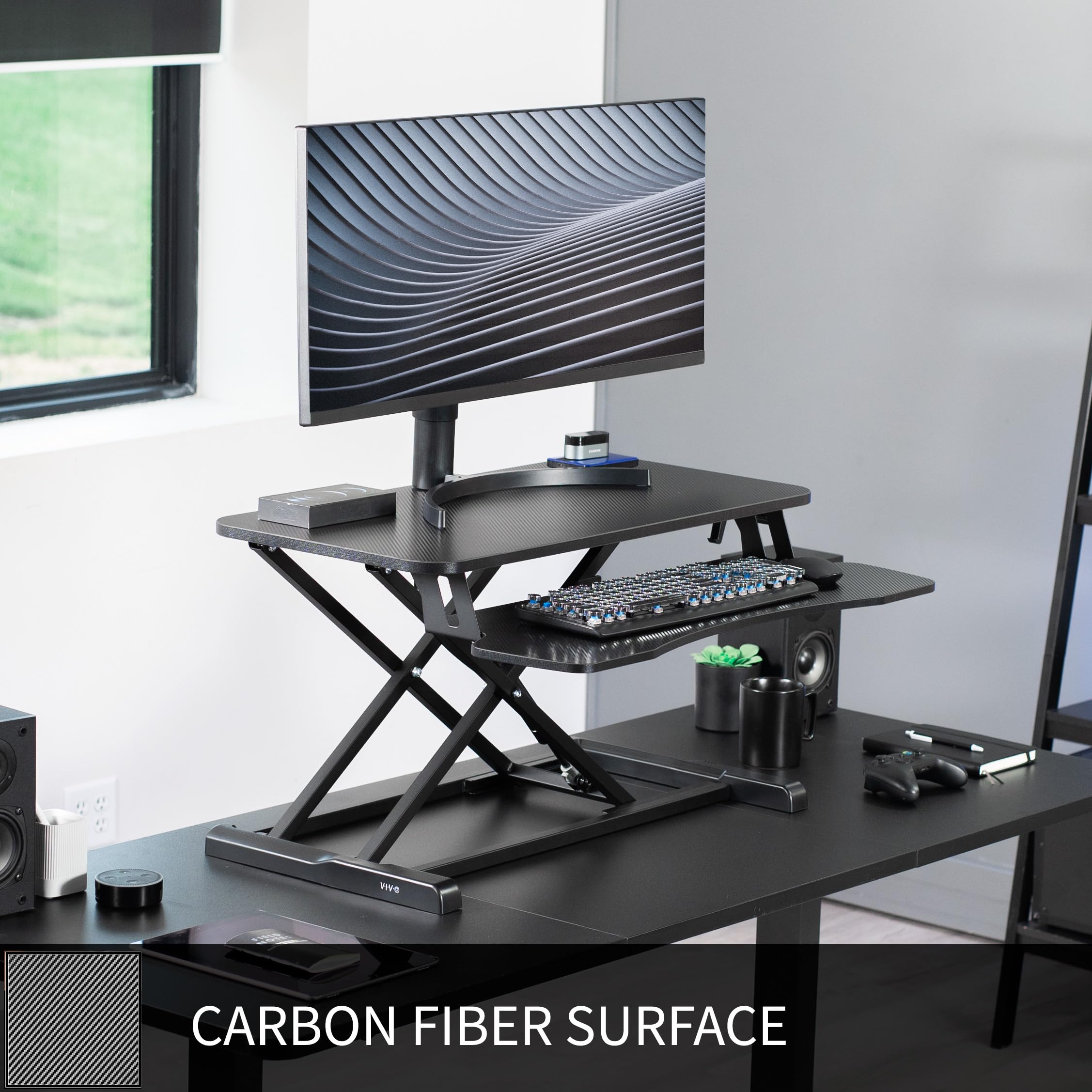 VIVO 32 inch Carbon Fiber Desk Converter, K Series, Height Adjustable Sit to Stand Riser, Dual Monitor and Laptop Workstation with Wide Keyboard Tray, Black, DESK-V000KR