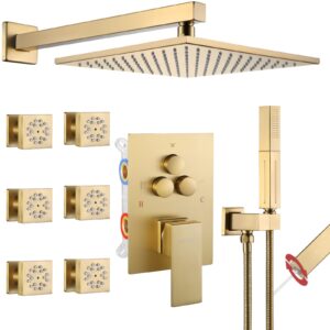 vanfoxle shower faucet set brushed gold shower system with 6 pcs body jets(2 inch),push button diverter shower fixtures with 2 in 1 handheld,10 inch shower head(rough-in valve body and trim included)