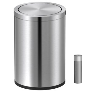 mbillion small trash can with swing lid 2.4 gallons/9 liter, mini trash can with lid, stainless steel cylindrical garbage can for home and office, for ground and desktop(brushed silver)