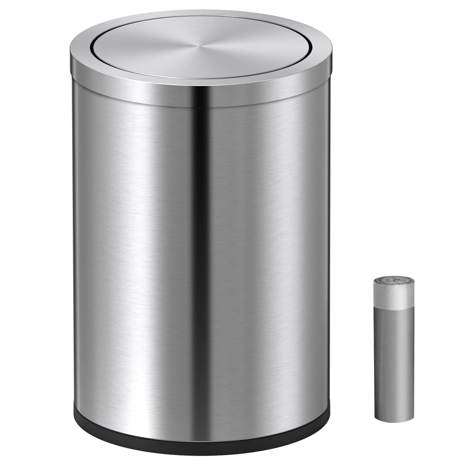 Mbillion Small Trash Can with Swing Lid 2.4 Gallons/9 Liter, Mini Trash Can with lid, Stainless Steel Cylindrical Garbage Can for Home and Office, for Ground and Desktop(Brushed Silver)