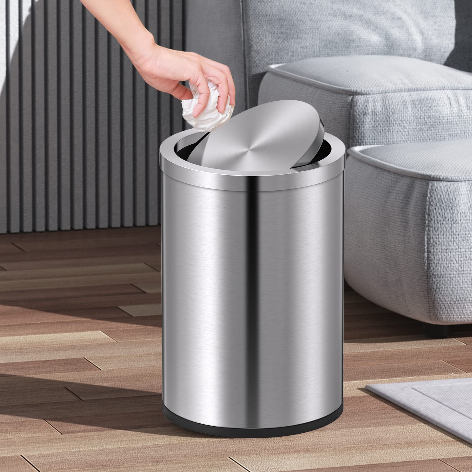 Mbillion Small Trash Can with Swing Lid 2.4 Gallons/9 Liter, Mini Trash Can with lid, Stainless Steel Cylindrical Garbage Can for Home and Office, for Ground and Desktop(Brushed Silver)